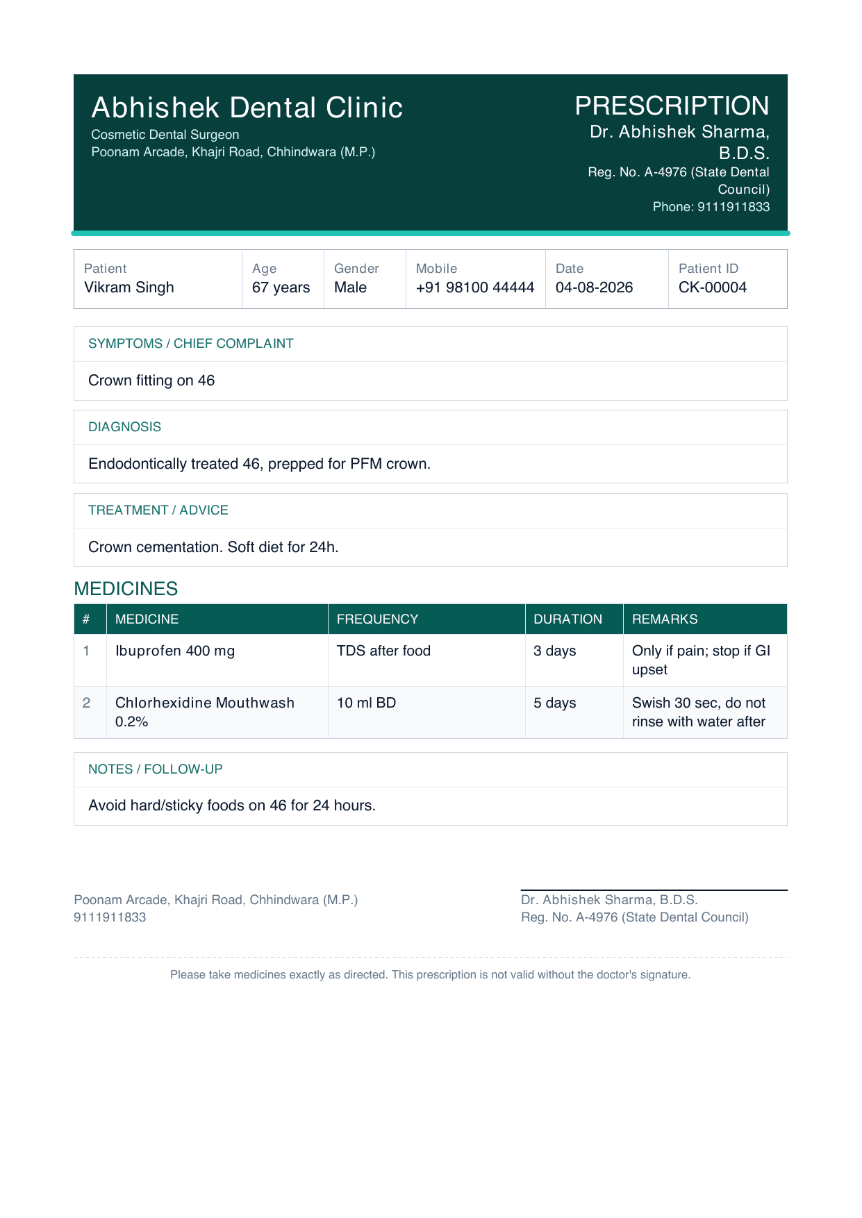 Example prescription generated by Clinikore with clinic, patient, medicine, advice, and signature sections