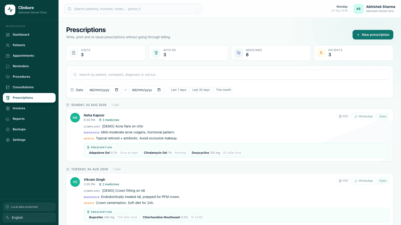 Clinikore standalone prescriptions workspace with medicine summaries and PDF, WhatsApp, and open actions